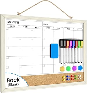 MaxGear Monthly Calendar Whiteboard Cork Board Combo for Wall, 17"x13" | Double Sided,Magnetic Surface,Smooth Writing,Easy to Clean,Extra Writing Space,Quick Schedule Planning,Vintage Wooden Frame