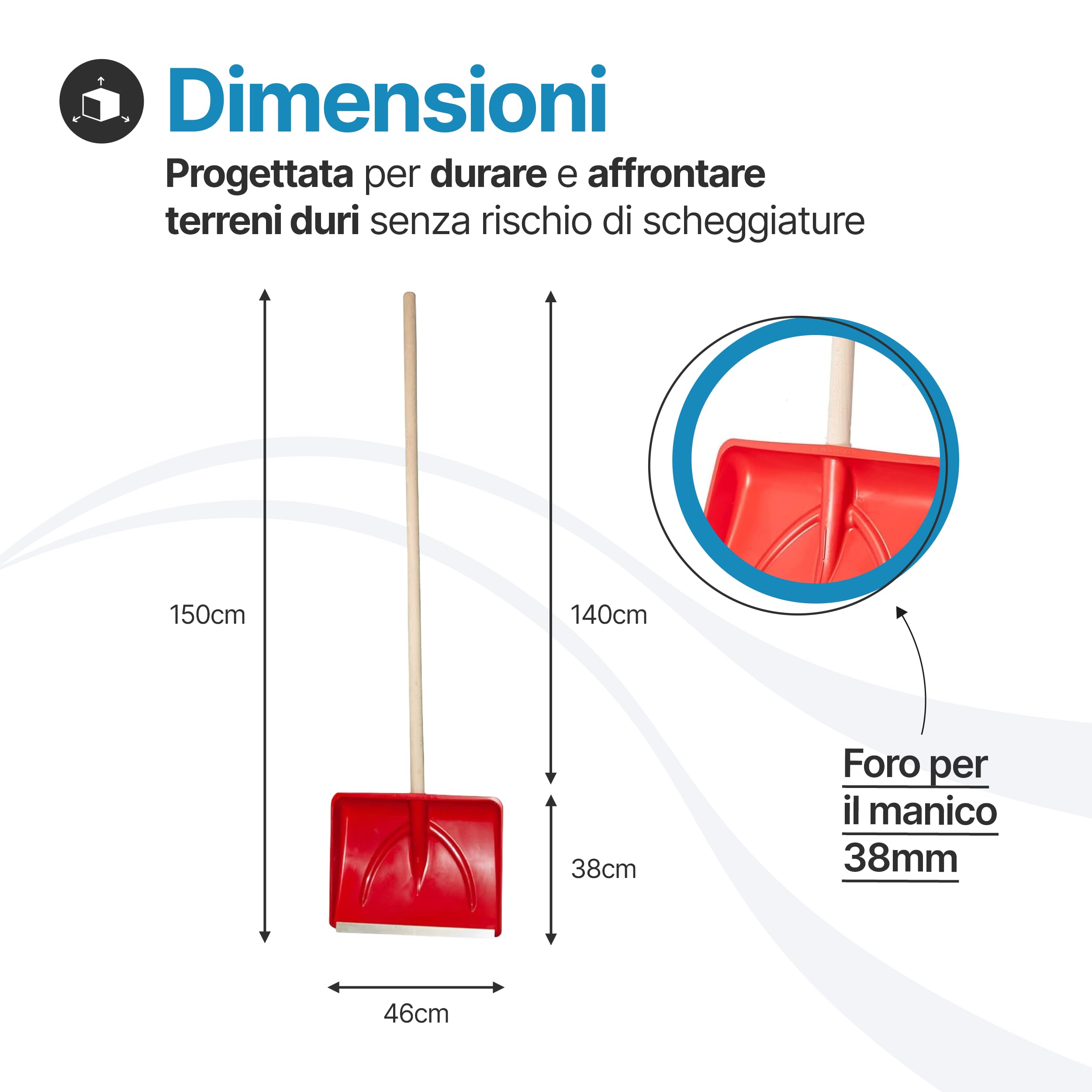 TOMAINO - Pala Da Neve Rossa Multifunzione 9x46x38 cm - Per Neve, Foglie e Altro In Plastica Con Profilo In Alluminio - Pala Singola o con Manico in Legno
