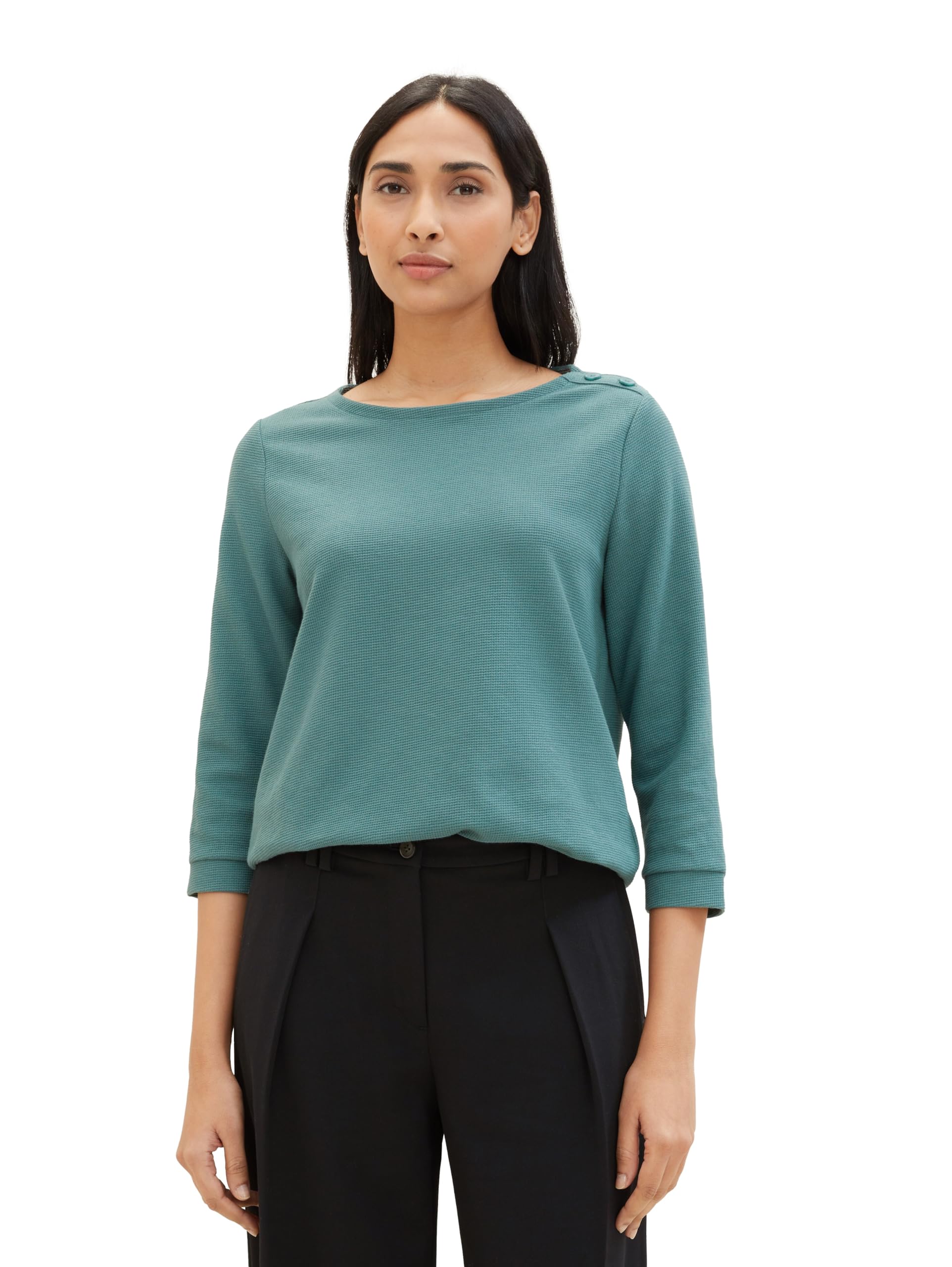TOM TAILOR Damen Basic Langarmshirt mit dekorativen Knöpfen, 10697 - Sea Pine Green, XS
