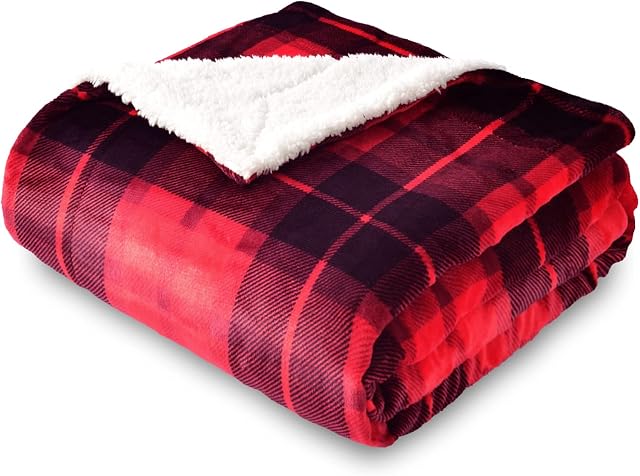 SOCHOW Sherpa Plaid Fleece Throw Blanket, Double-Sided Super Soft Luxurious Plush Blanket 127cm×150cm, Red