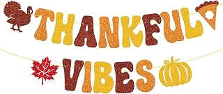 Thankful Vibes Banner Thanksgiving Day Party Decoration Pumpkin Pie Turkey Maple Leaves Fall Pumpkin Autumn Theme Thanksgiving Holiday Party Supplies Glitter Thankful Decoration