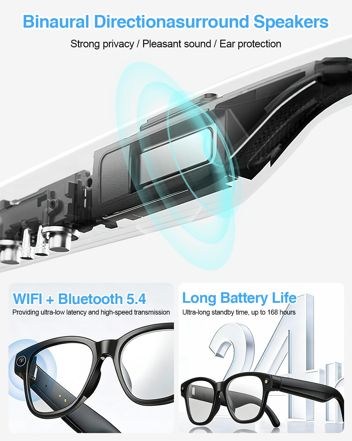 Gafas inteligentes AI, gafas inteligentes para hombres y mujeres, cámara 4K 8MP alimentada por ChatGPT AI, traducción en tiempo real, gafas Bluetooth, Cleanlence, 41,8 g