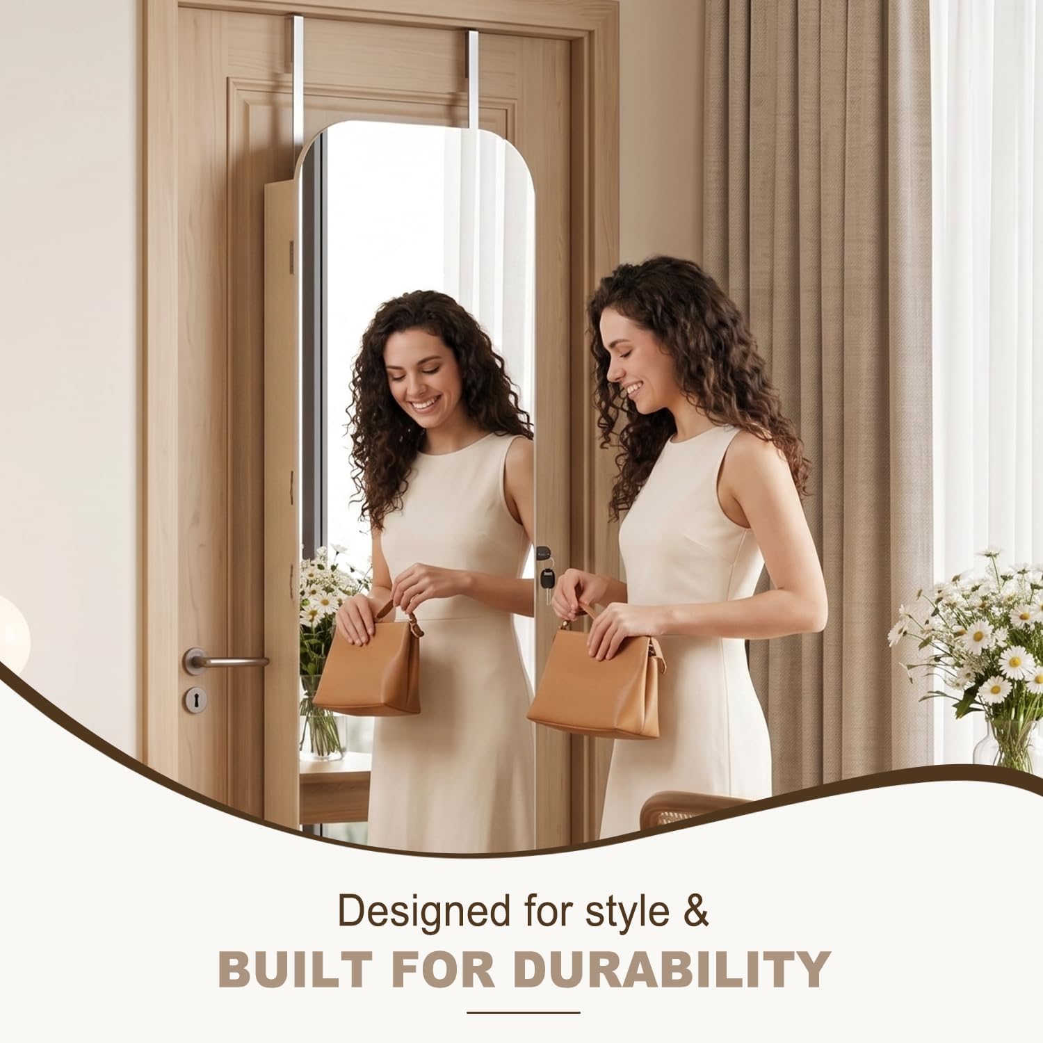 Full Length Mirror Jewelry Cabinet Armoire with Lock, Door Wall Mount Jewelry Organizer with 20 Necklace Hooks & Bracelet Rod, White Storage with HD Mirror