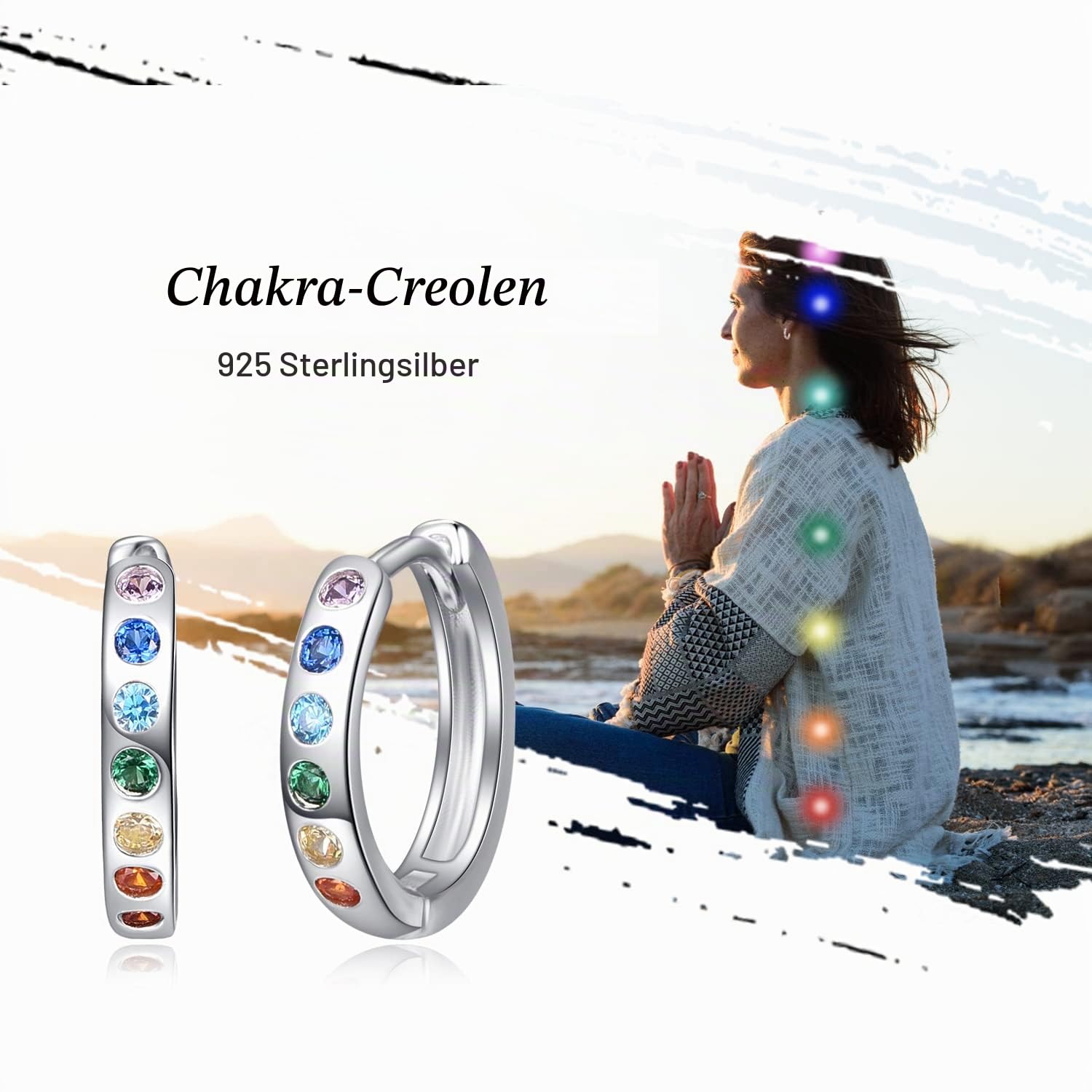 KINGWHYTE Chakra-Creolen, 925er-Sterlingsilber, kleine Huggie-Ohrringe, Chakra-Heilung, Yoga-Geschenk für Frauen