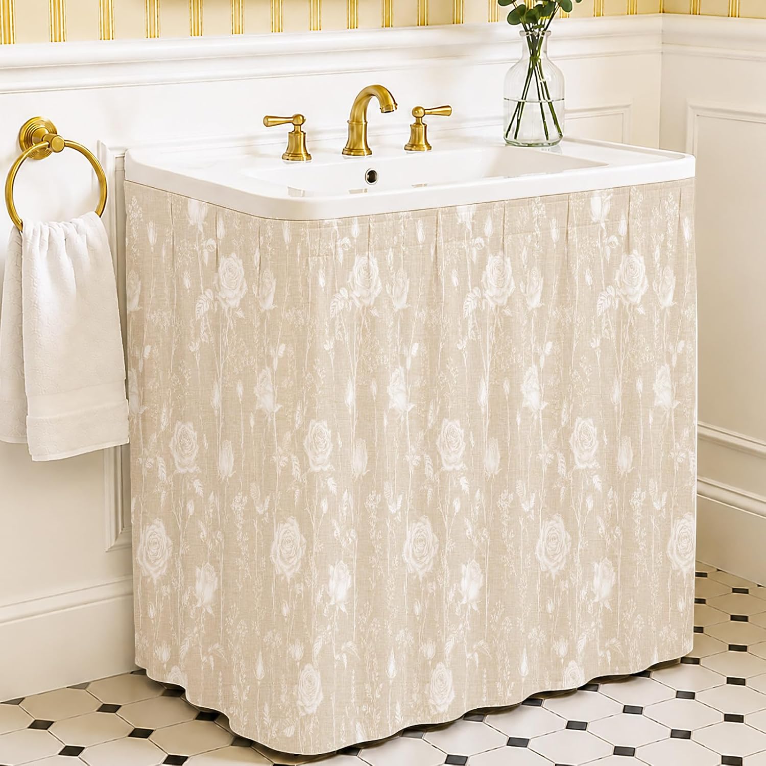 Eleshine Fabric Sink Skirt, Self-Adhesive Waterproof Under Sink Curtain