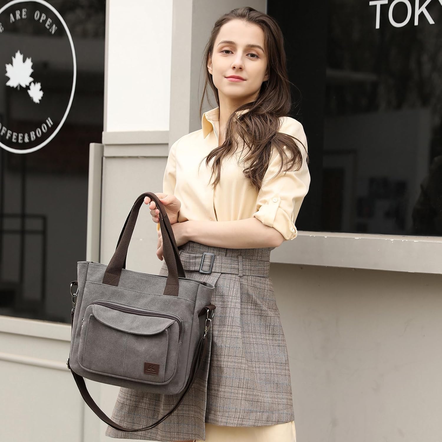 ZHIERNA Women's Canvas Tote Purse Casual Shoulder Crossbody Bags Small Handbag, Multi-pocket Top Handle Work Bag - Image 2