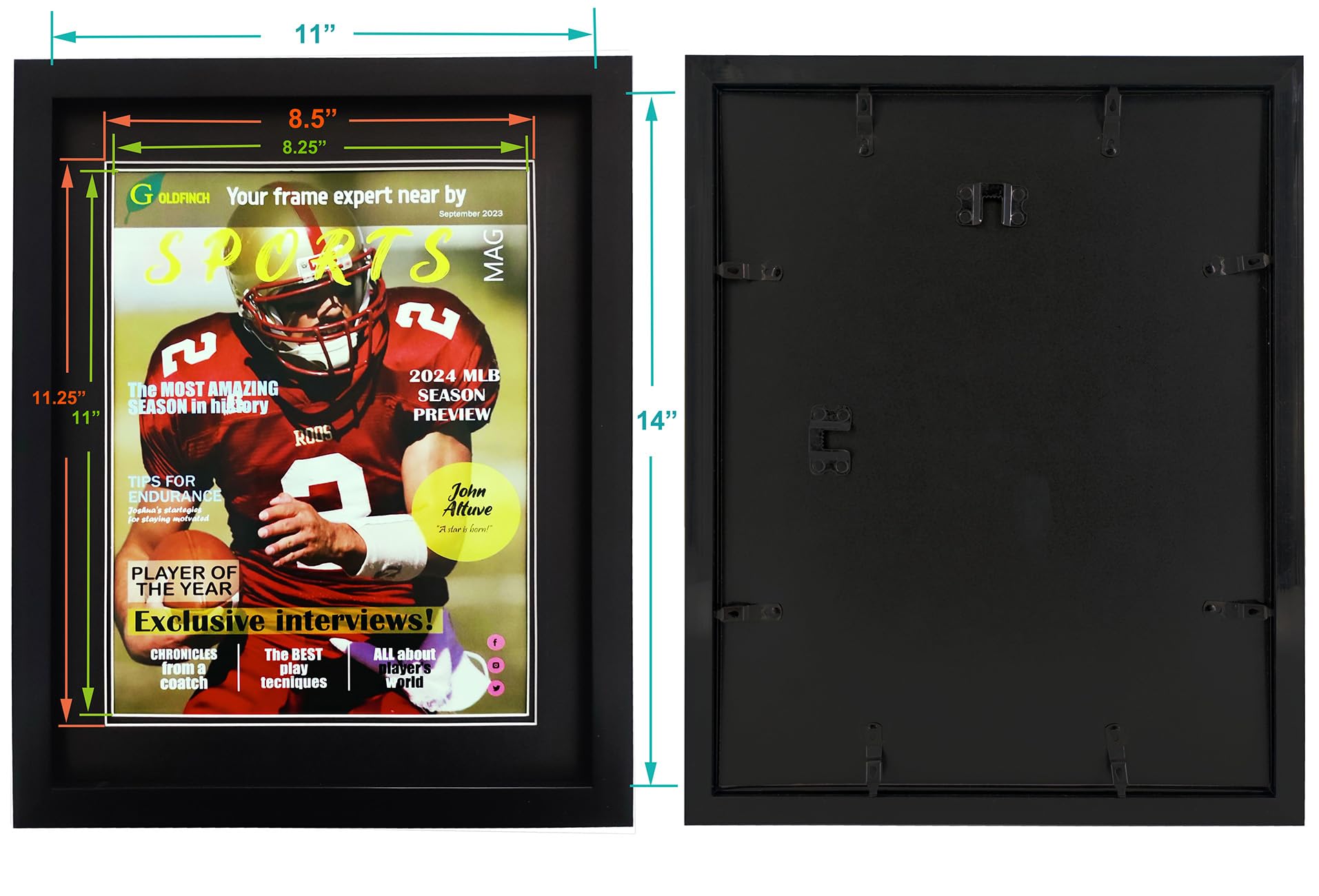 Goldfinch 2 Packungen Sport-Magazin-Rahmen, Zeitschriften mit den Maßen 8,5 x 11,25 oder 21 x 27,9 cm, mit doppeltem schwarzem Kern, tiefer Rahmenleiste, mit installierten Aufhängern
