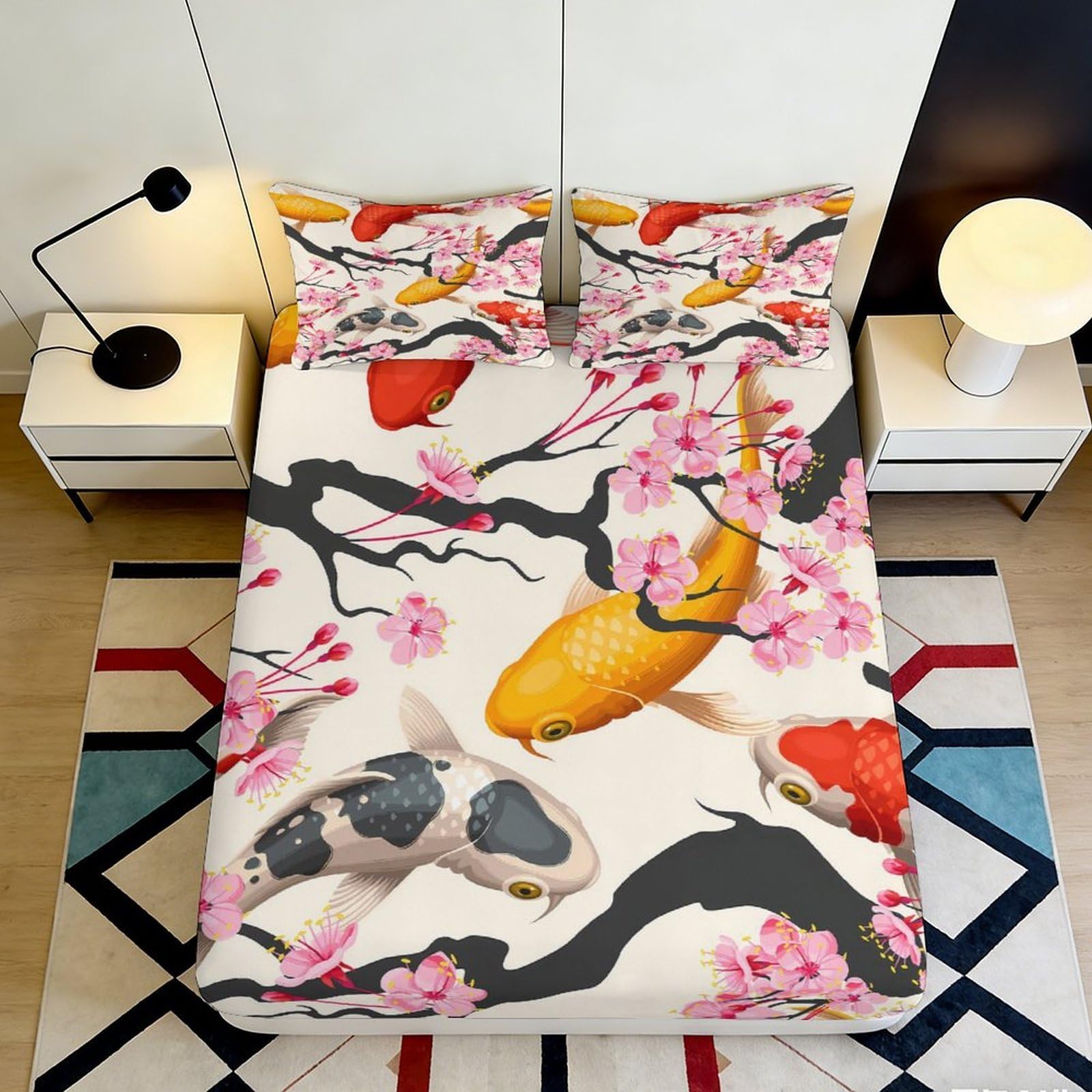 3D Printed Koi Fish Floral Fitted Sheet Microfiber Soft Durable Cherry Blossom Bed Cover for Bedroom Dormitory Guest Room Mattress Protection 200x200x25cm