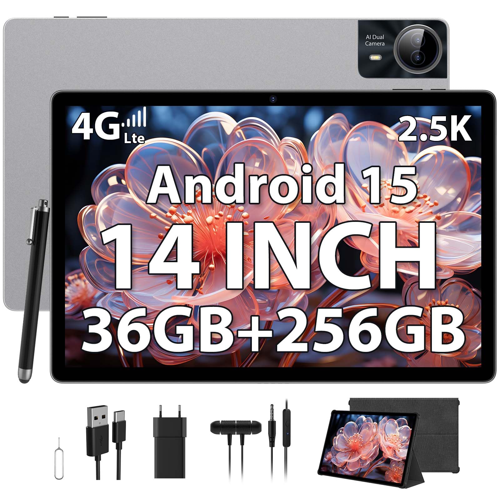 PIXGOOD 2.5K Android 15 Tablet 14 pollici, 4G Lte Double SIM/5G WiFi, 2240 x 1400, 11580mAh, 36GB RAM+256GB ROM, 4 altoparlanti, Octa-Core, 13MP+8MP, Tablet in offerta con Custodia/GPS (argenteo)