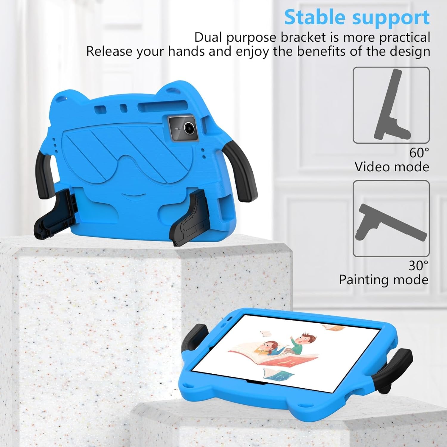 Diagram showing the ZORSOME Kids Case in two different kickstand positions: 60-degree for video mode and 30-degree for painting mode.