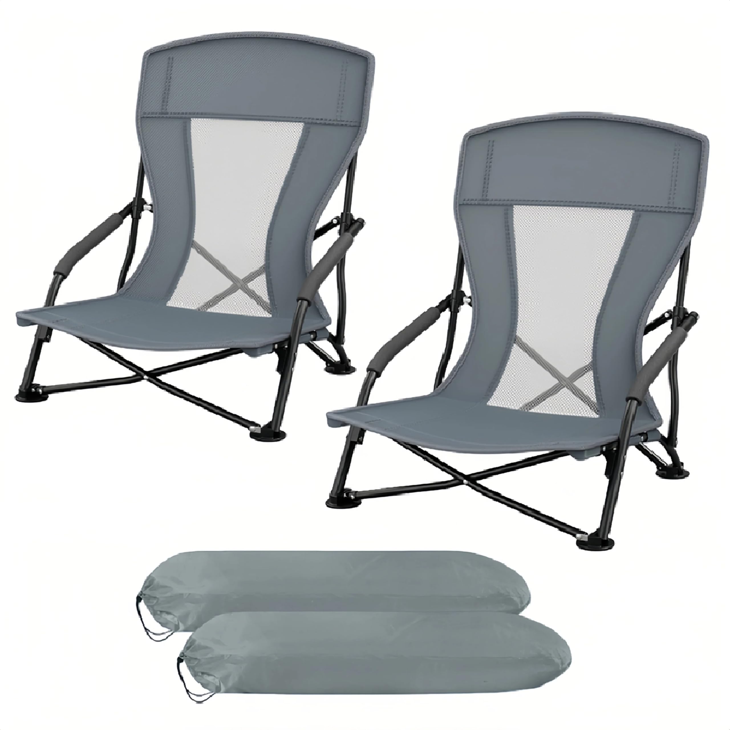 CushSunr Set of 2 Folding Beach Chair Camping Chair Lightweight Compact Portable Sun Lounger Foldable Beach Recliner Chairs Ideal for Backpacking, Garden and Outdoor Adventures (Grey)