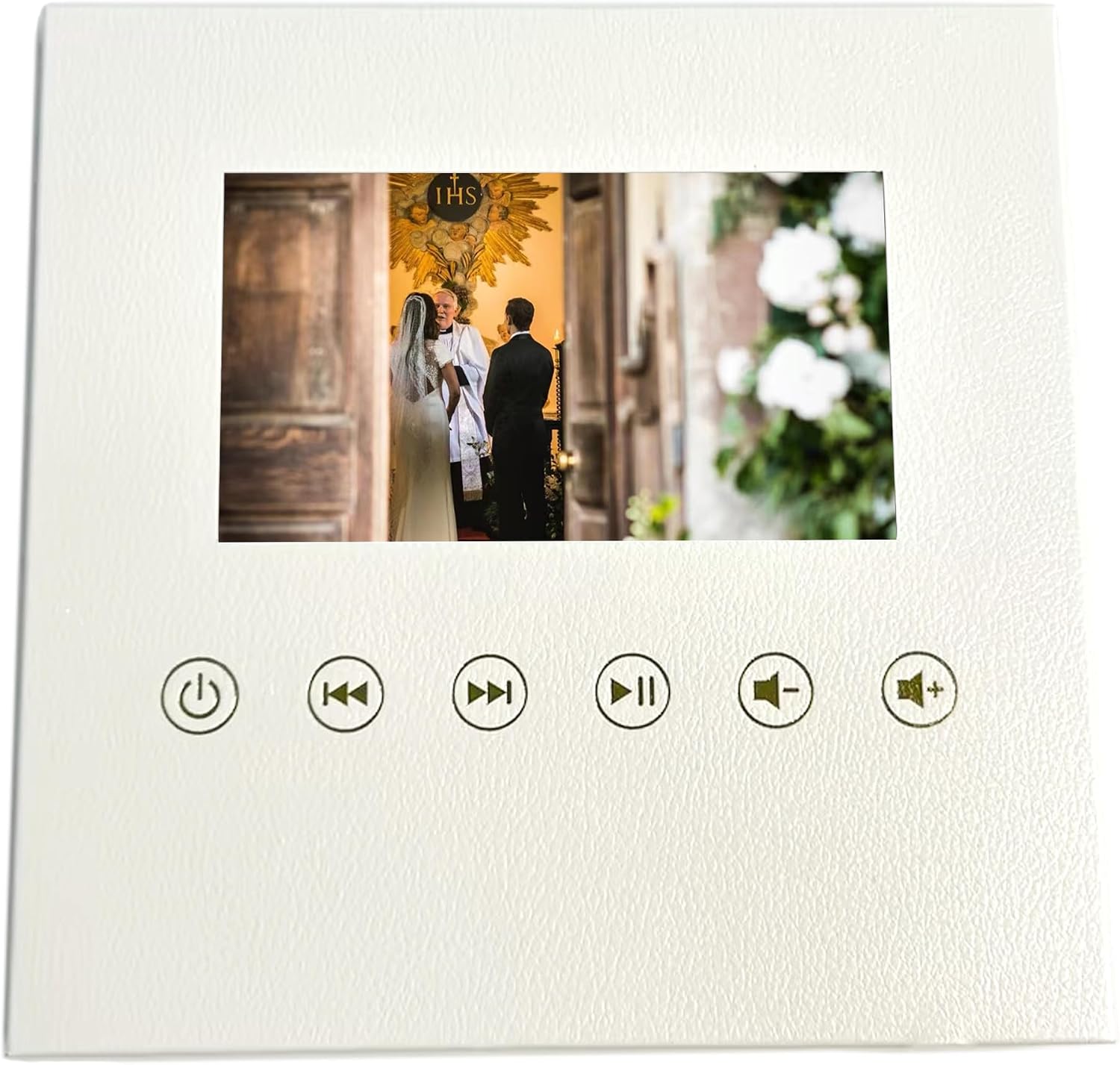 4.3" Video Greeting Card Player, White Faux Leather Square Digital Frame | White faux leather 5.7" square video module. 4.3" screen plays MP4/MOV up to 1080p. Perfect DIY gift box insert or signage.