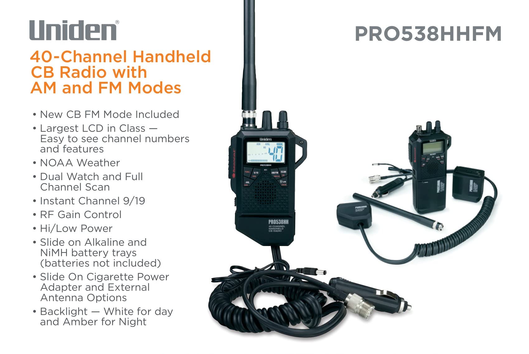 Uniden PRO538HHFM, Radio CB de Emergencia Doble portátil y móvil 2 en 2.5 cm con Nuevo Modo FM, 40 Canales completos, alertas meteorológicas NOAA y Potencia de Salida Baja Seleccionable de 4 vatios