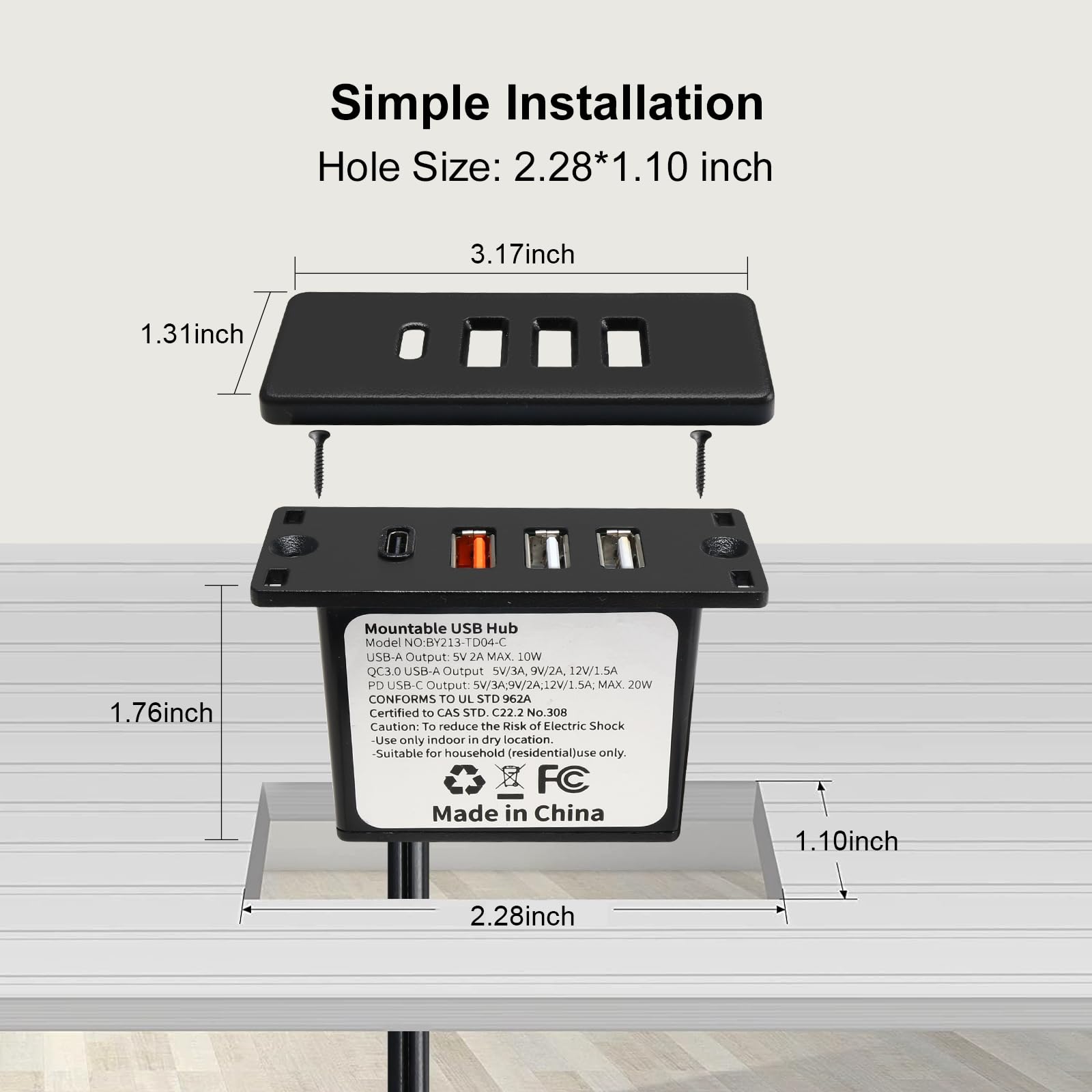 Alimentazione USB C Hub Presa da incasso USB C Ciabatta con Ricarica Rapida 4 porte USB 20 W Montata a letto Scrivania Divano (Nero)