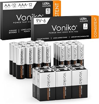 Voniko 30 Counts Alkaline Batteries Combo Pack, 12 Counts AA Batteries, 12 Counts AAA Batteries and 6 Counts 9V Batteries for Household Electronics