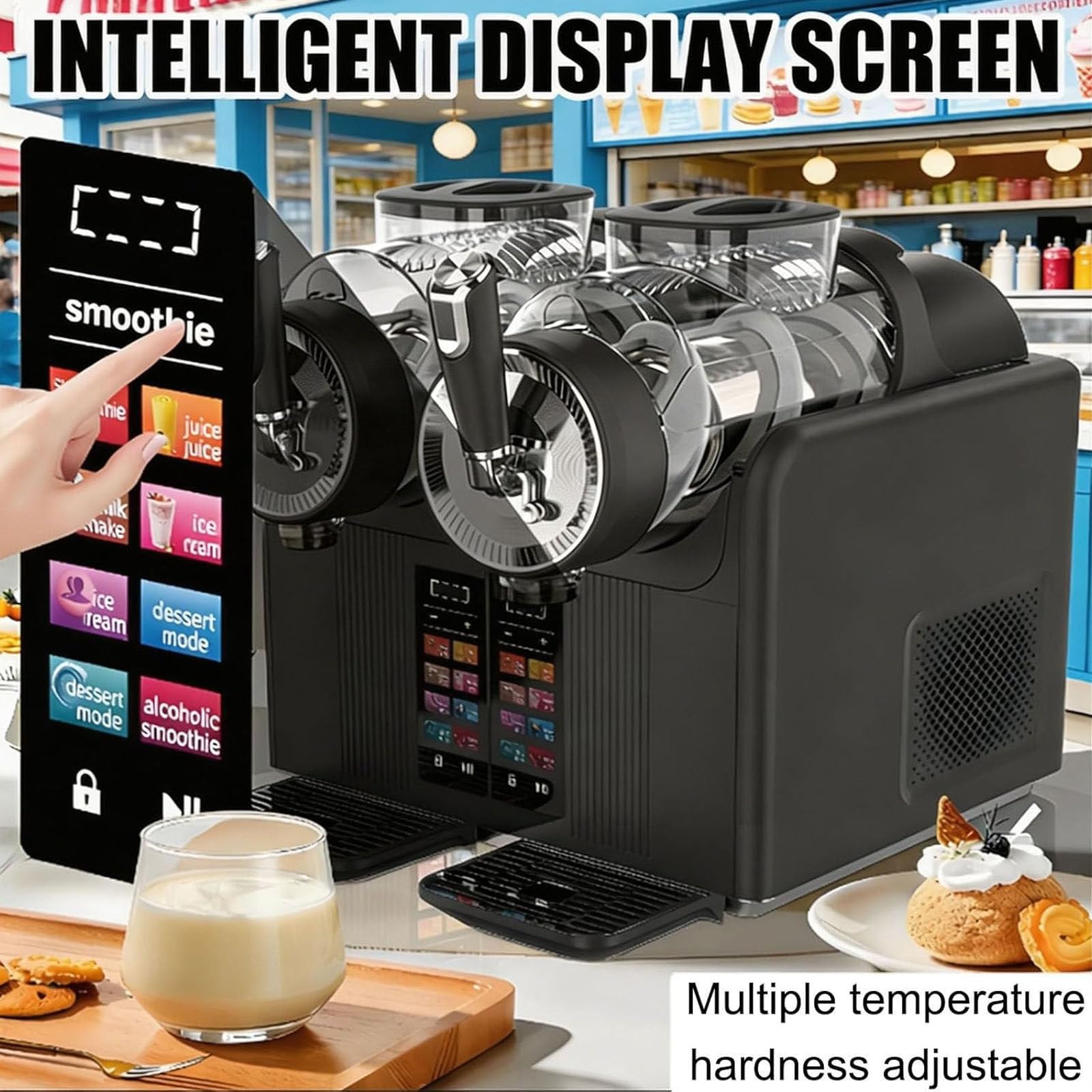 Slushie Maschine 7 in 1, 430W Soft Serve Eismaschine mit 2 Tanks, Touchpanel, Automatische Reinigung, Doppelkopf für Home Café Getränke und Desserts