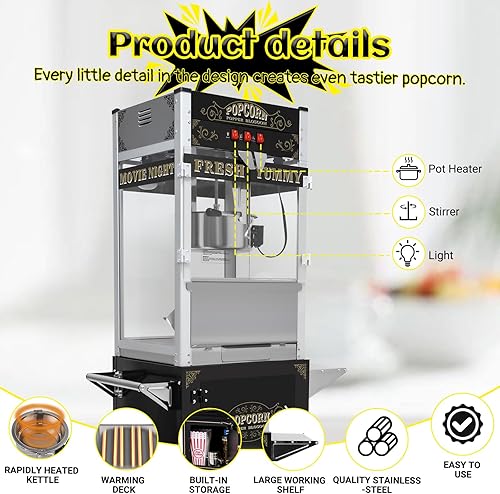Miniatura 5 de Máquina vintage de palomitas de maíz con carro, hervidor de acero inoxidable de 20 onzas y luz de calentamiento, hace hasta 100 tazas, ideal para