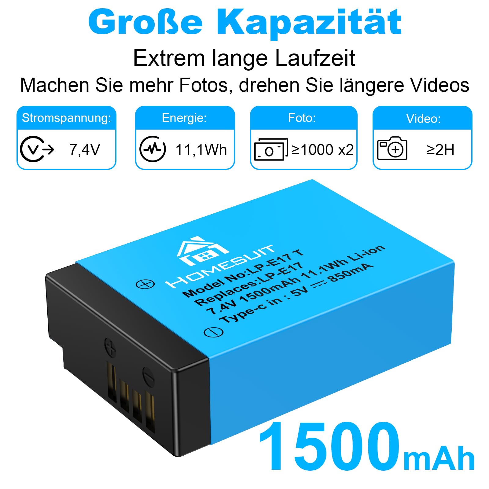 Homesuit LP-E17 Akku 1500mAh & 2-in-1 Ladekabel für Canon EOS R8, R10, R50, RP, R100, M3, M5, M6, M6 Mark II, 200D, 250D, 77D, 750D, 760D, 800D, 8000D Rebel SL3, SL2, T8i, T7i, T6i, T6s (2er-Pack)