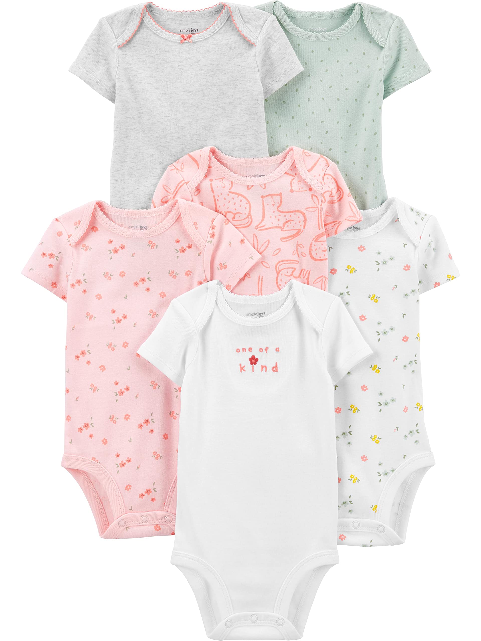 Simple Joys by Carter's Baby-Girls 6-Pack Short-Sleeve Bodysuit, Multicolor/Cat/Dots/Floral, Preemie
