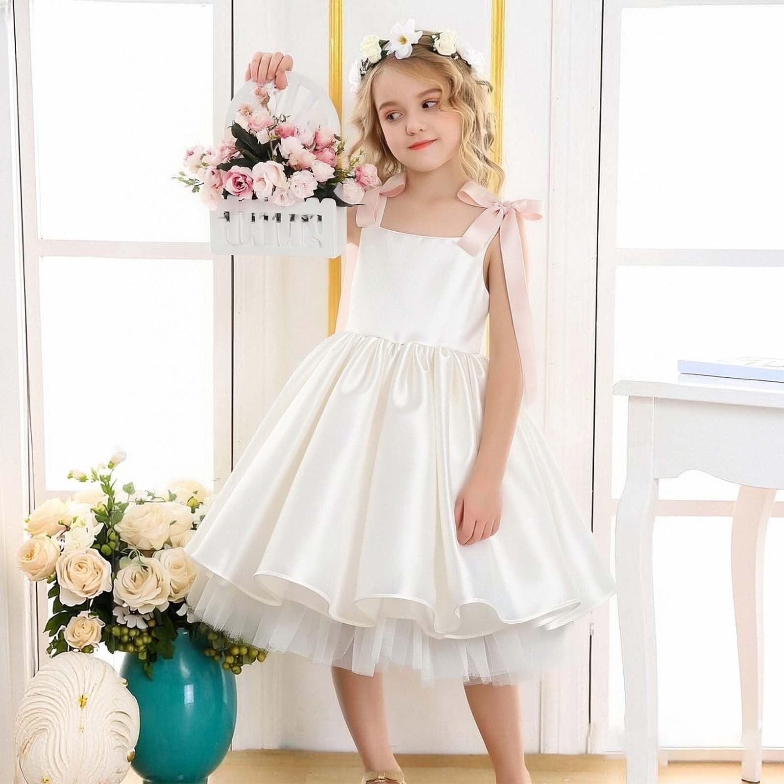 Kleider für Mädchen Elegant Sommer Kleid Elegantes Mädchenkleid für besondere Anlässe Satin Partykleid Kleinkinder Weiß vielseitig tragbar im Alltag Freizeit Aktivitäten Kinder