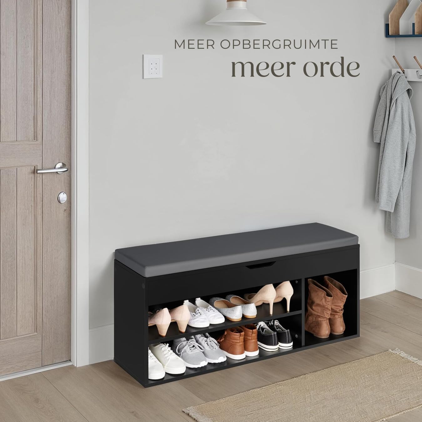tectake shoe bench in an entryway, showing organized shoes and a clean aesthetic