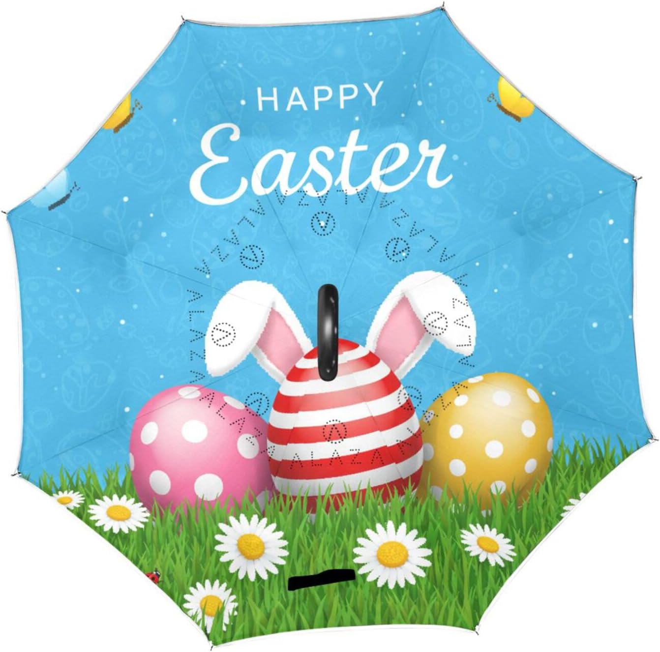 Happy Easter Rabbit Eggs Inverted Umbrellas for Rain Windproof Reverse Upside Down Golf Umbrella with C-shape Handle for Men Women