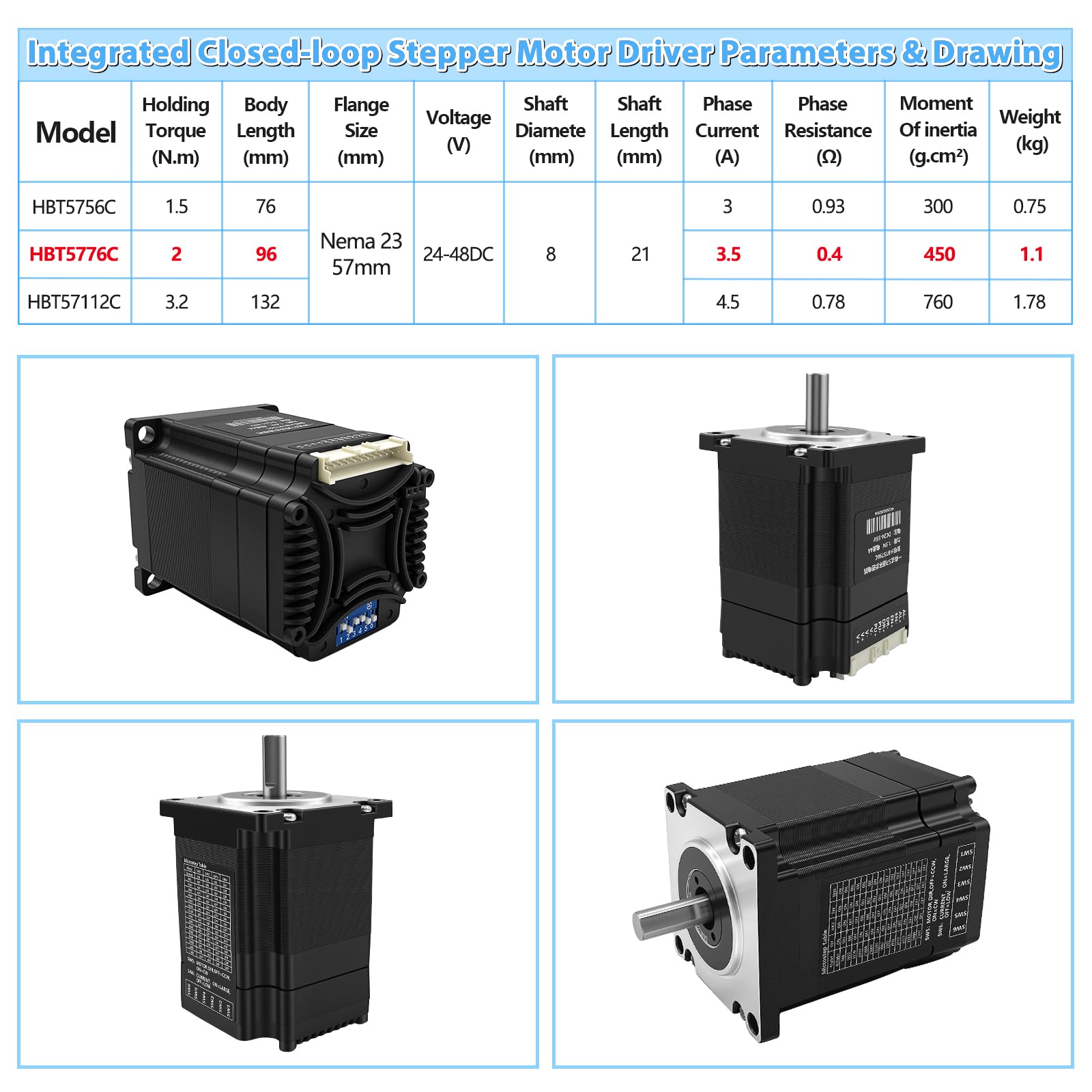Système servo intégré Smart Nema 23 Moteur pas à pas en boucle fermée 57 mm avec encodeur, pilote, 1000 tr/min, 0 ~ 3,5 A 24 ~ 48 V DC Couple 2 Nm Moteurs pour routeur CNC, imprimante 3D, machine de