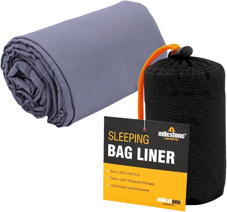 Milestone Camping 26030 Summer Sleeping Bag Liner | Lightweight Protection | Compact and Portable | Easy Care | Grey Colour | L207 x W77cm