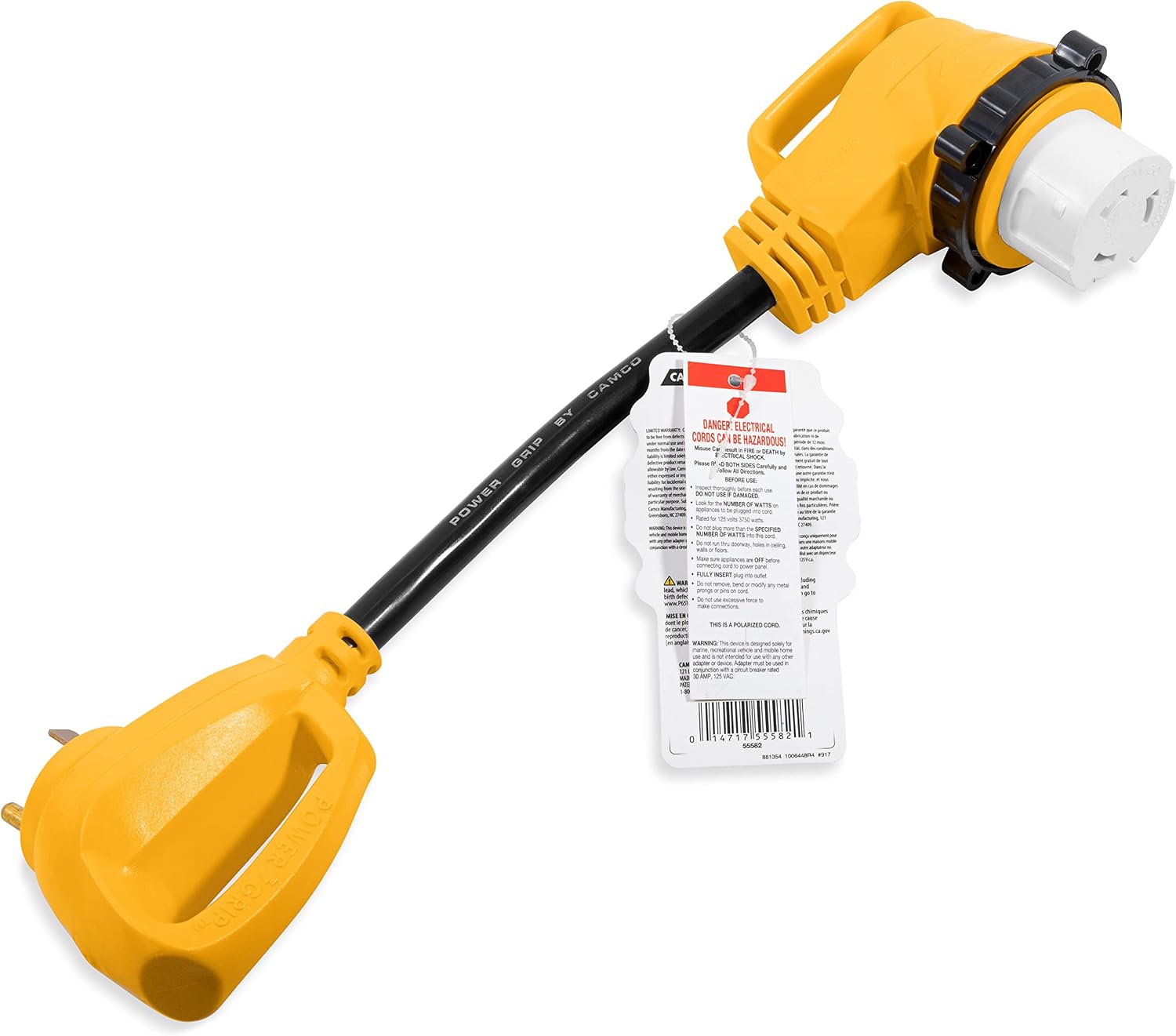 Camco PowerGrip Camper/RV 18" Locking Electrical Adapter | 90 Degree Head Design Reduces Strain on RV Power Cord | Locking Ring for Weatherproof Connection (55582)