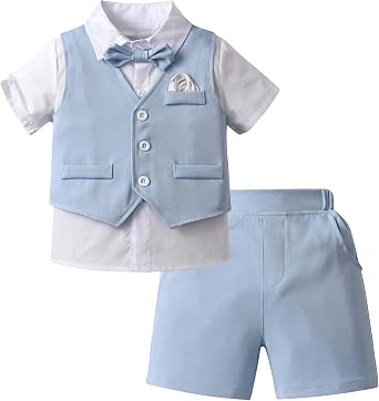 Boarnseorl Baby Boys Shorts Sets, Infant Shirt+Shorts+Bow Tie+Vest,Toddler Gentleman Outfits Suits