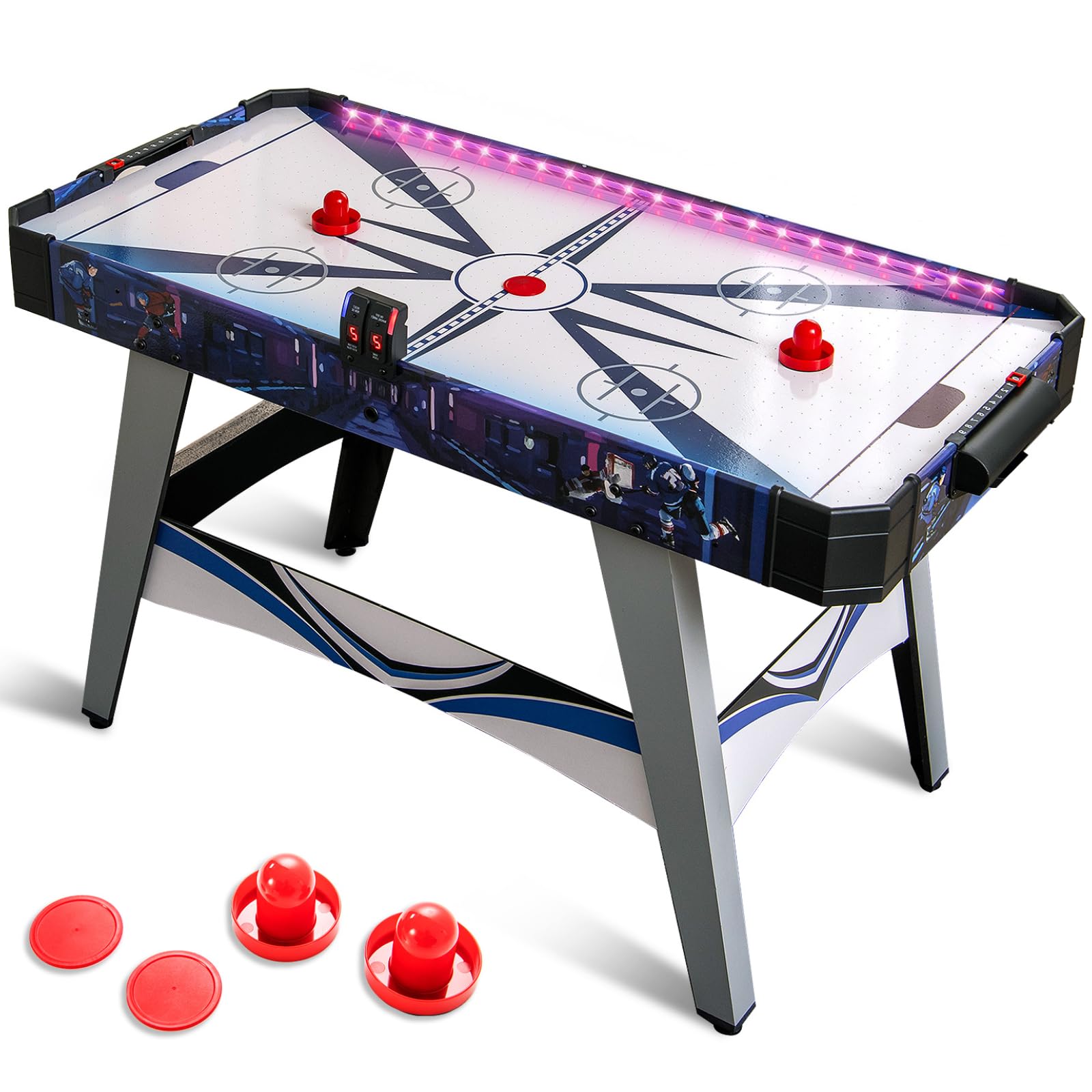 GYMAX Air Hockey Table, 54 Inches Table Top Air Hockey Game with LED Scoreboard, Lights, 2 Pucks and 2 Pushers, 12V Powered Arcade Hockey Table for Kids Adults