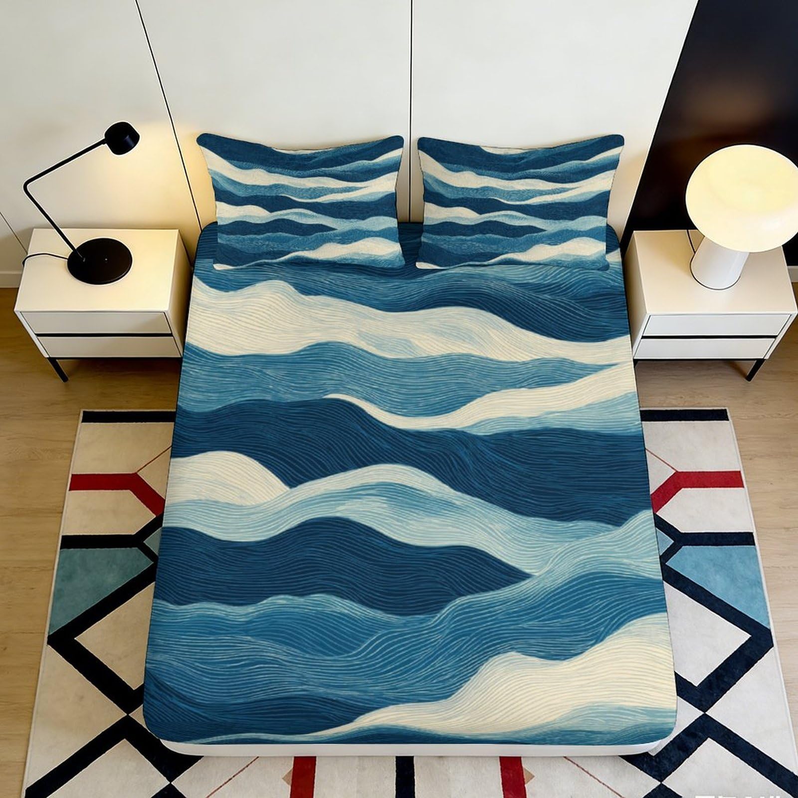 3D Printed Blue Wave Pattern Fitted Sheet Microfiber Soft Breathable Abstract Ocean Mattress Cover for Bedroom Dormitory Guest Room Protection Decor 200x200x25cm
