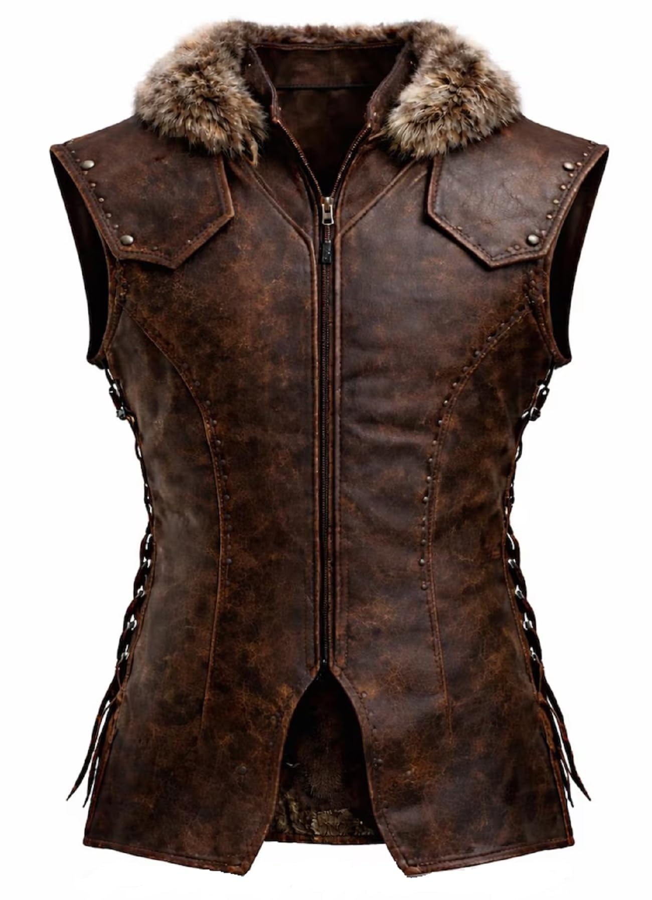 Męska postarzana brązowa kamizelka skórzana premium z kołnierzem ze sztucznego futra Shearling