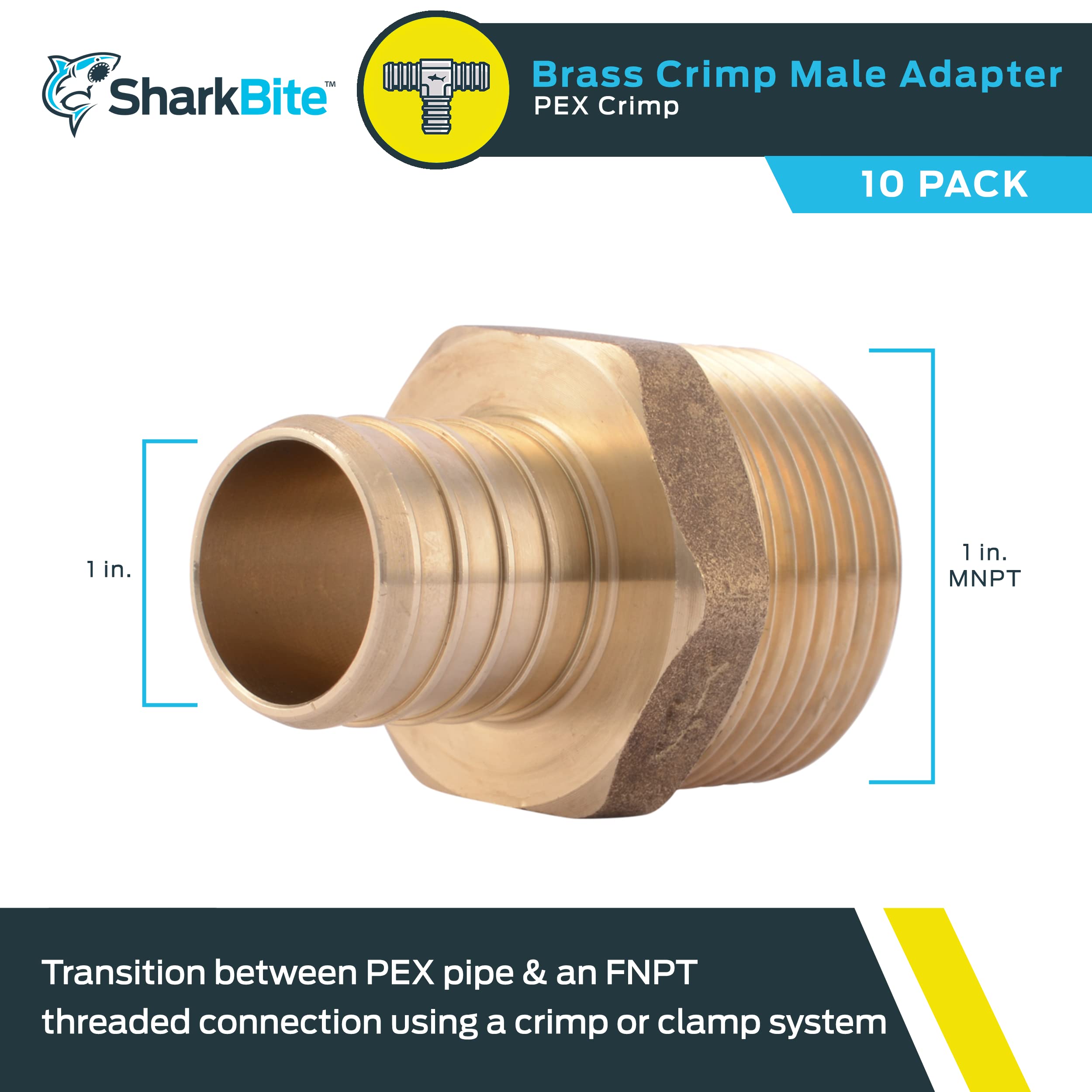 SharkBite Adaptador macho MNPT de 1 pulgada, paquete de 10, accesorios de fontanería de latón, tubo PEX, cobre, UC140LF