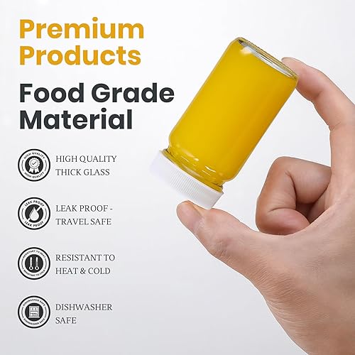 Vista 13 de Paquete de 9, botellas de vidrio de 2 onzas con tapas negras y 9 etiquetas, tarro pequeño transparente para jengibre, inyección de bienestar, jugo