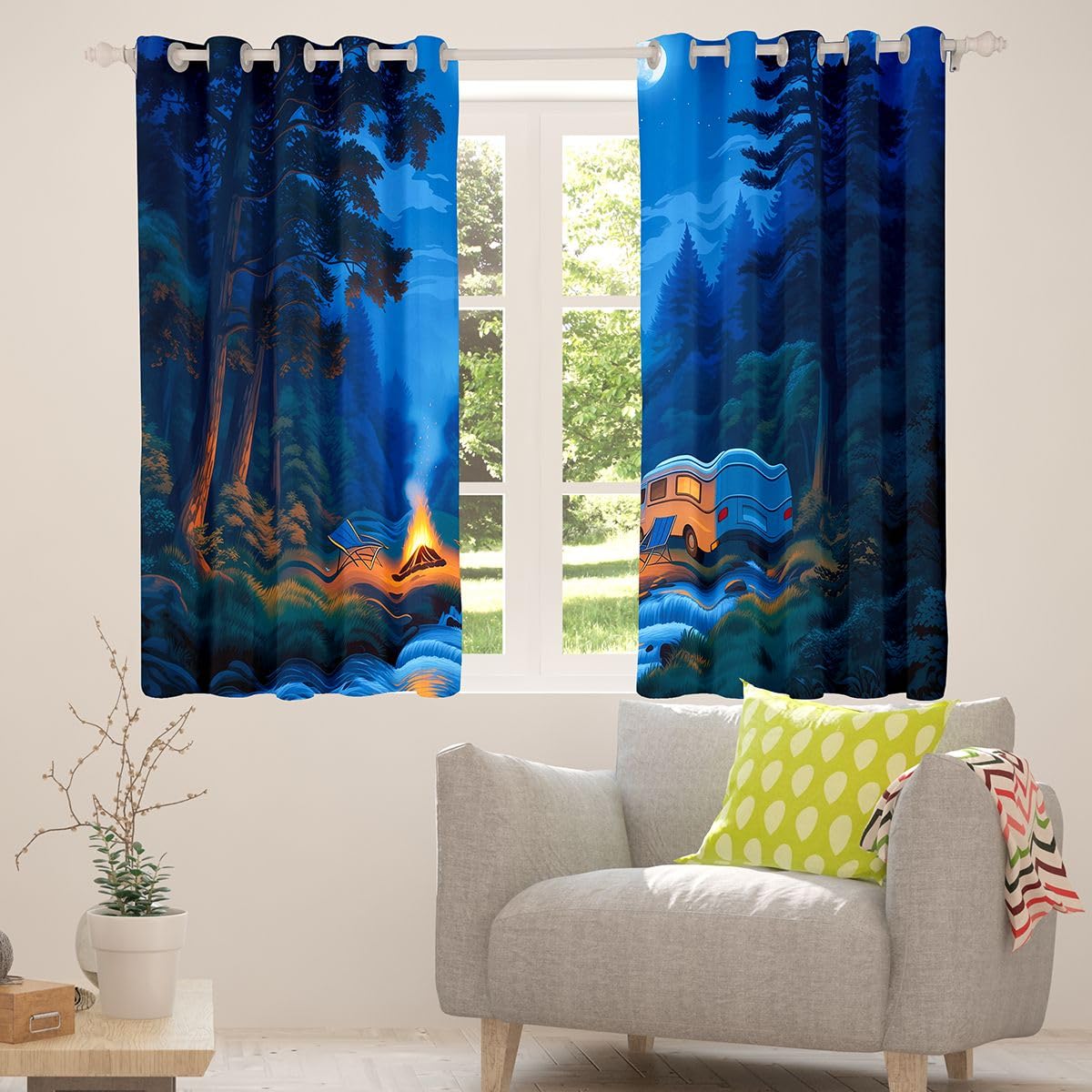 RV Lot de 2 rideaux de fenêtre de camping pour filles et garçons, taille M, nature, aventure, bons rideaux occultants, feu de camp nocturne, 183 x 117 cm
