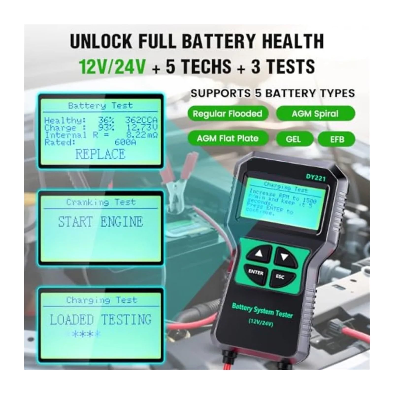 Tester per Condensatori, Tester for batteria auto 12V 24V Strumento diagnostico digitale for alternatore automobilistico con capacità di carico 100-2000 CCA for una precisione
