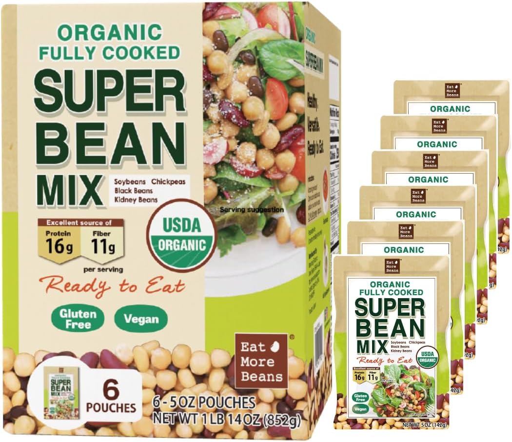 Eat More Beans 【】Organic Fully Cooked Super Bean Mix | Steamed Bean, USDA Organic, Vegan, Healthy Natural Keto Food | Variety of Organic Edamame, Chickpea, Black , Kidney (6 Pack, 5 oz)