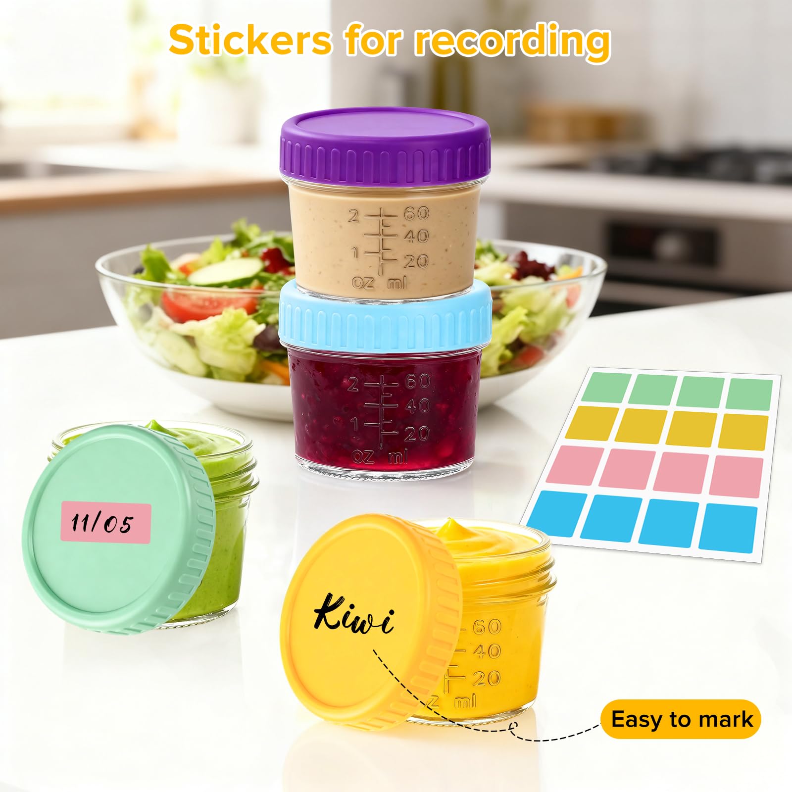 Mssushi 8 Récipients à Vinaigrette en Verre 120ml,Pots Pour Condiments avec Couvercles en Silicone Anti-Fuite,Boîtes de Conservation Alimentaire Portable,Adapté Pour Les Salades,Les Sauces et Épices