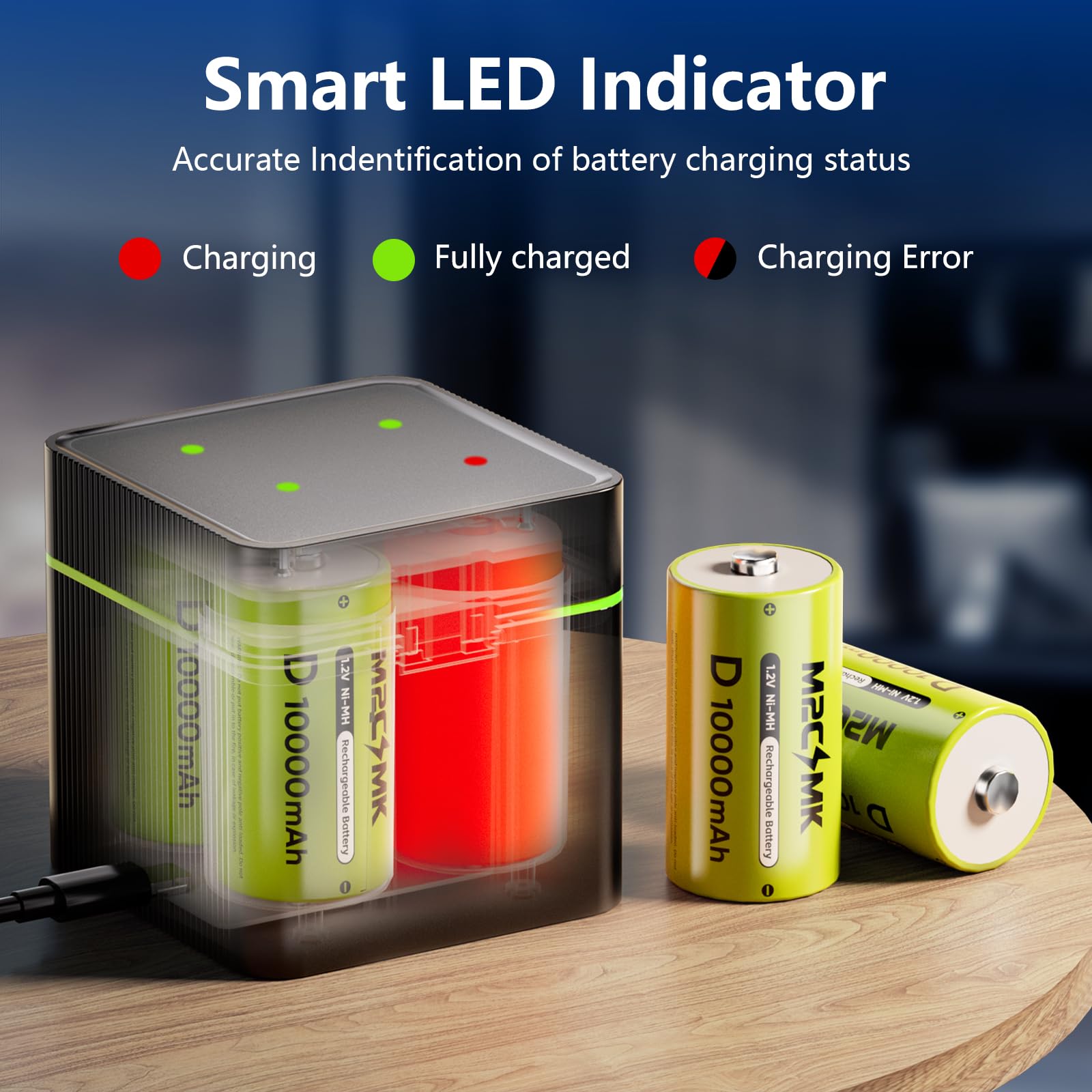 Paquete de 4 baterías recargables NiMH D de 10000 mAh con cargador | Baterías D recargables con cargador LED inteligente de 4 ranuras, entrada USB tipo C