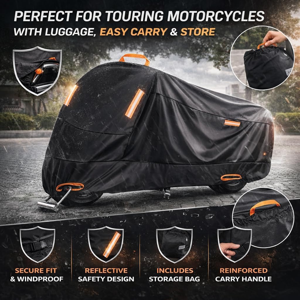 Heavy-Duty Motorcycle Cover, 420D Oxford Motorbike Waterproof Case - Night Reflective Design with Lock-holes, Extra-Thick Outdoor Dust Cover - All Season Protection, UV Protection (Fits up to 108.34")