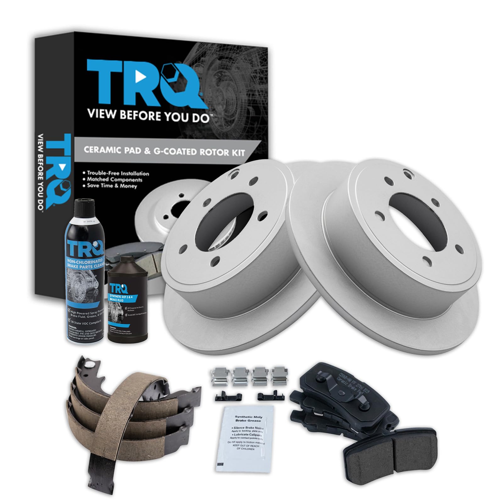 TRQ Rear Brake Pad &amp; Rotor Kit, with Chemical Kit Parking Brake Shoe Set Ceramic Premium G-Coated Compatible with 2009-2014 Mitsubishi Lancer