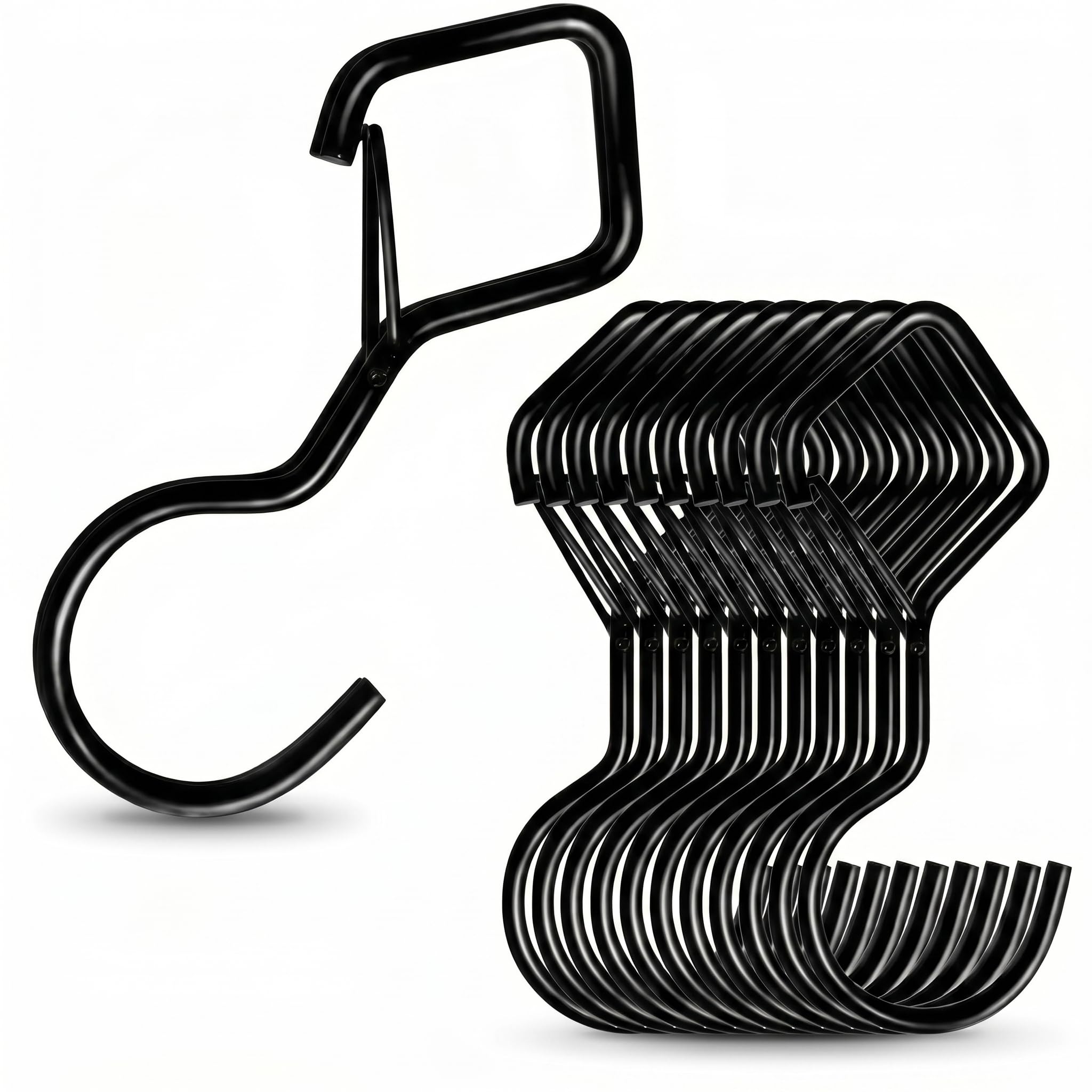 Heavy Duty 10-Pack Black S Hooks with Safety Lock - Premium Steel Hanging Hooks, Versatile S Hooks for Hanging​ Plants, Pans, Towels & Garage, Garden Organising