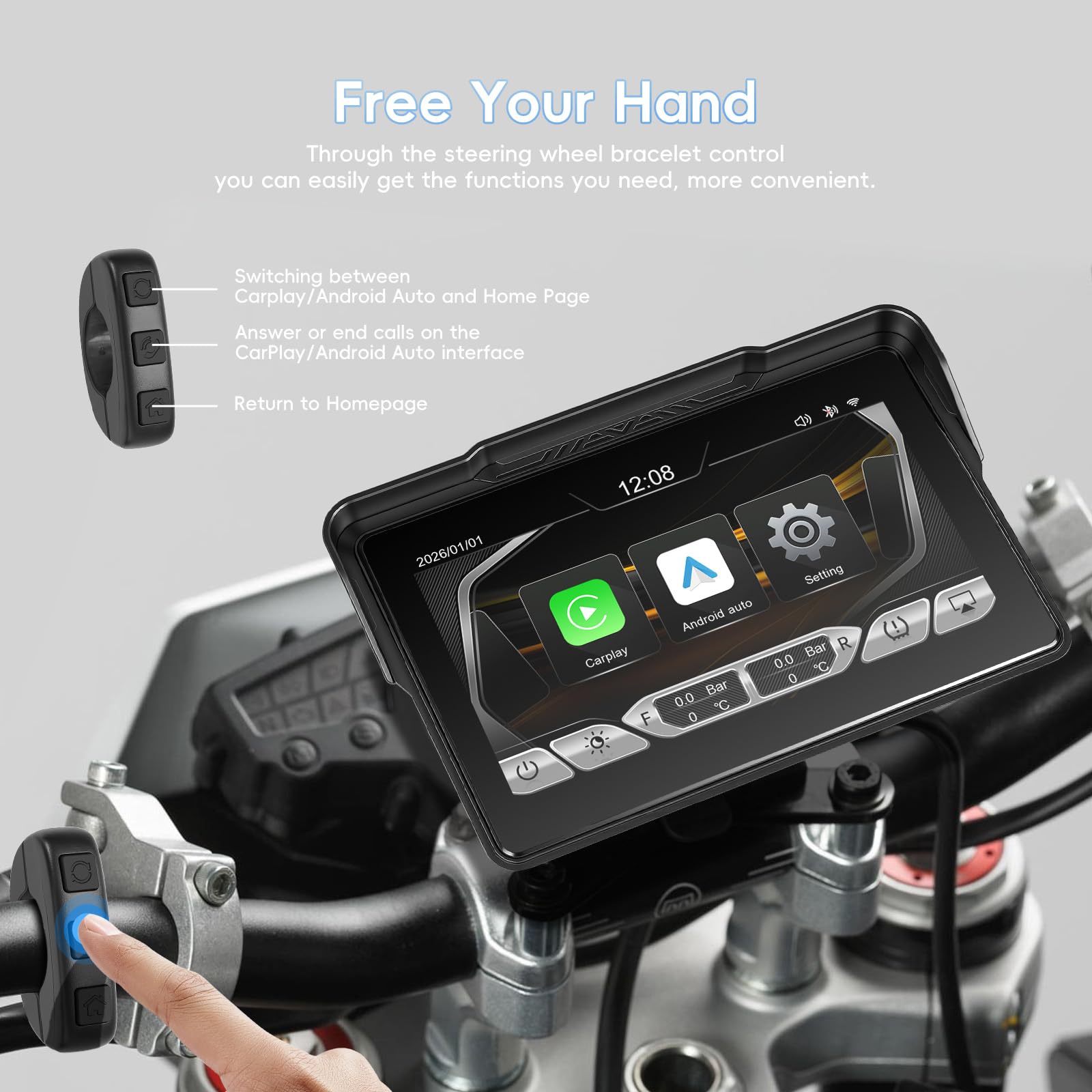 [2026] CAMECHO Senza Fili Carplay per Moto, 7 Pollici HD Schermo IP67 Impermeabile Navigatore con Touchscreen, Android Auto Bluetooth Airplay Android Cast, Supporto Siri/G-oogle Assistant