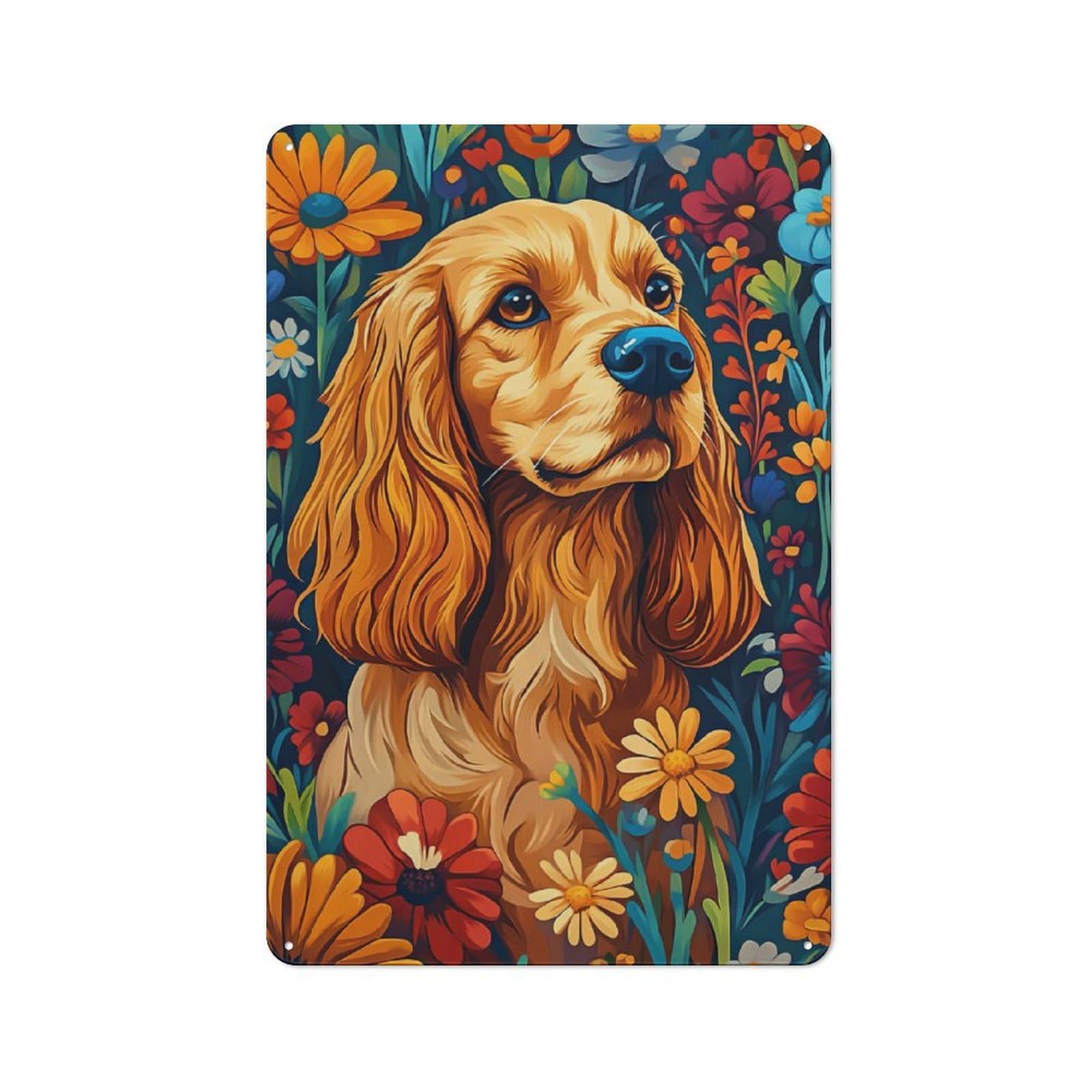 Junmoney Cocker Spaniel In A Garden Of Blooms Dog Wal Metal Sign 30X20cm With L Art Print For Workshop Wall, Vintage Decor, A Decorative Christmas Gift For Metal Sign Collectors