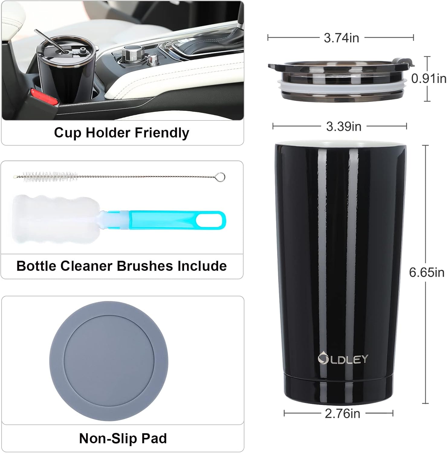 OLDLEY Insulated Travel Coffee Mug with Ceramic Lined Coating 20 oz Tea Vacuum Tumbler with Lid Straw Brush, Black