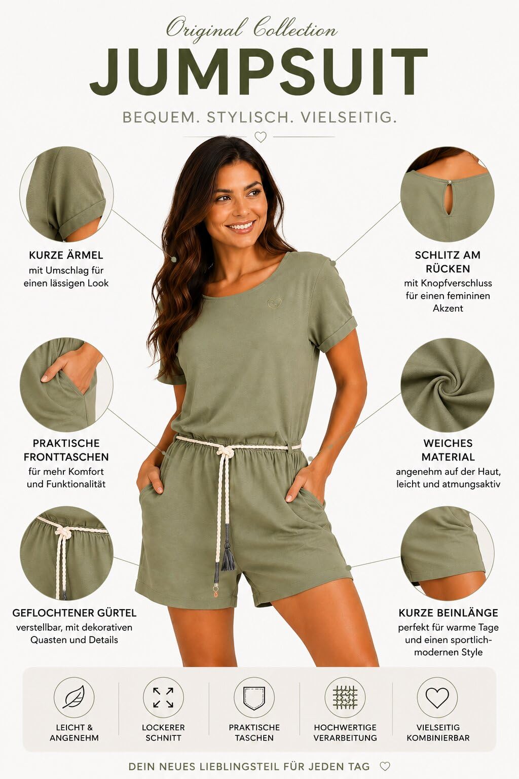 Sublevel Damen Jumpsuit Kurz Sommer Overall Einteiler mit Flechtgürtel, Taschen, T-Shirt kurzen Ärmeln und Rückenschlitz