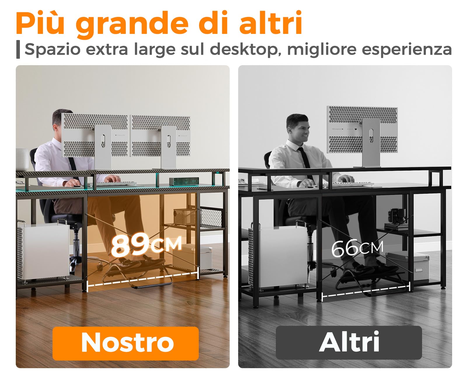 ODK Scrivania Gaming con LED, 168×120cm, Carbonio nero | reversibile, con scaffale e prese, scrivania angolare con vano portaoggetti e spazio