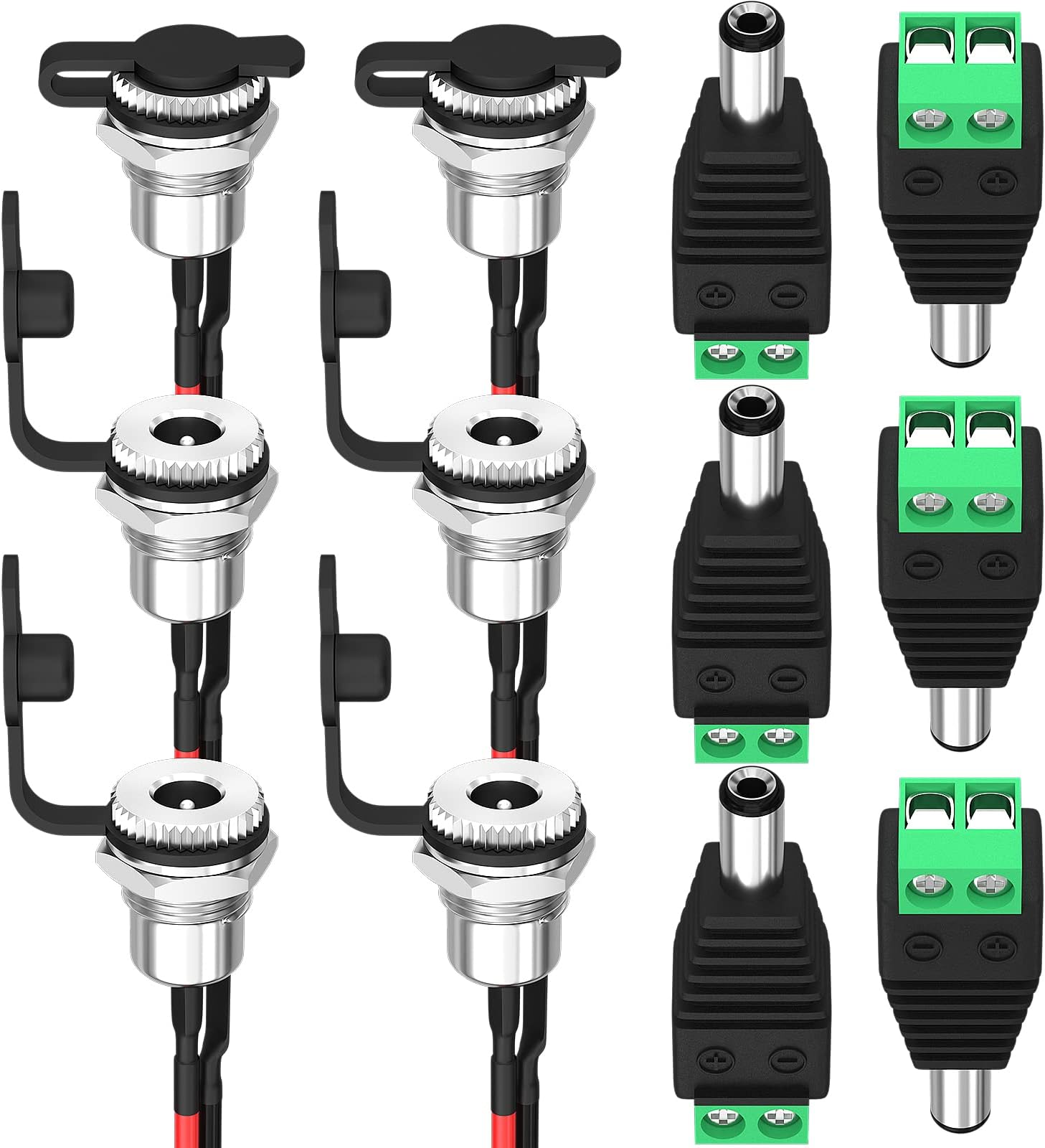 DaierTek DC Jack 5.5x2.1MM Pre-Wired Female DC Power Jack Panel Mount Barrel Jack with 5.5 x 2.1 MM Male DC Connector Plug Waterproof Cover for Audio Video CCTV DIY Appliances -6Pcs