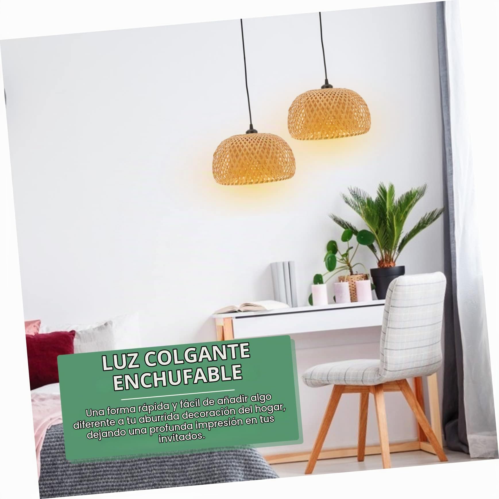 Lámpara de Techo Ratán Colgante Enchufable con Pantalla de Bambú y Casquillo E27, Adecuado para Dormitorio y Sala, Estilo Natural